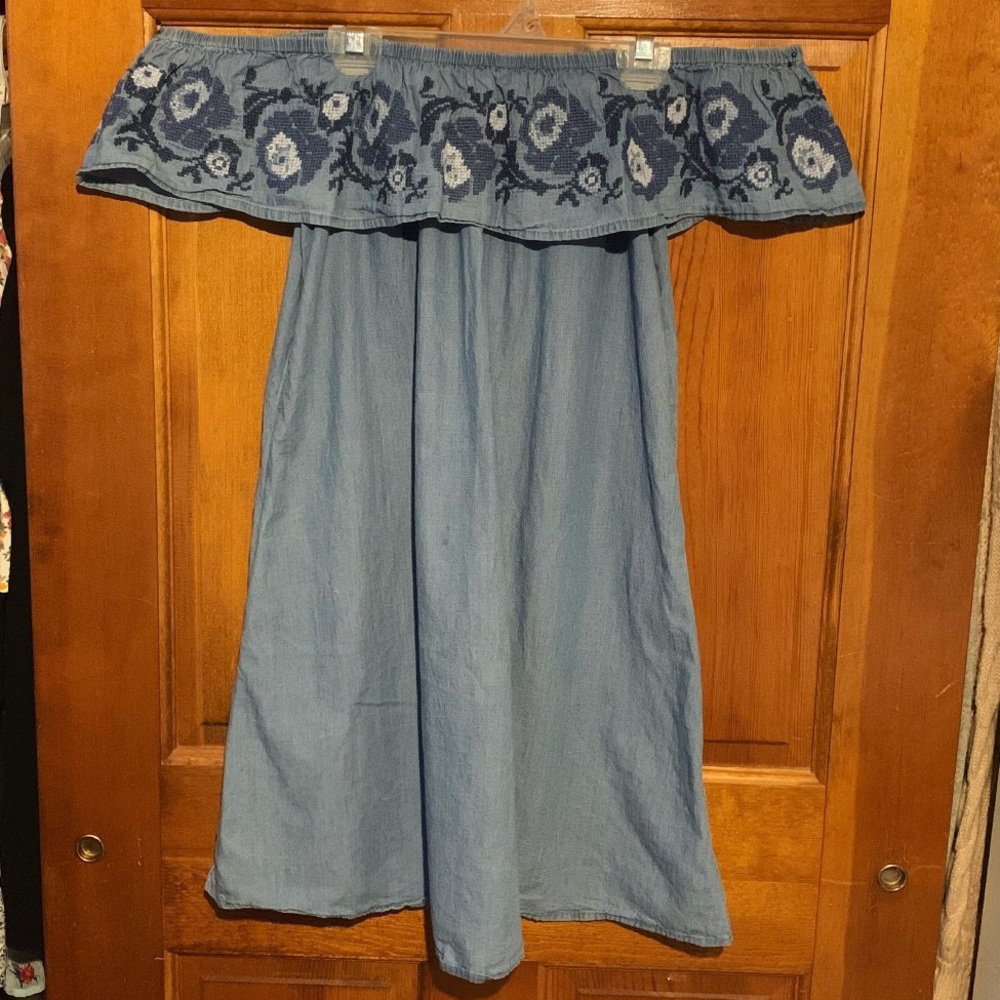 Embroidered Floral Ruffle Off the Shoulder Dress faux denim jean short strapless